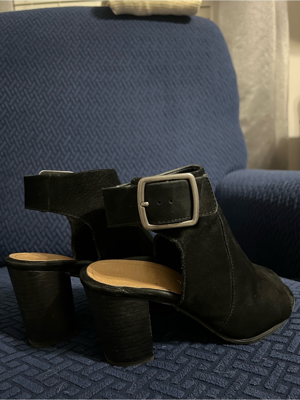Vionic Black Suede Open-Heel Buckle Block Heels